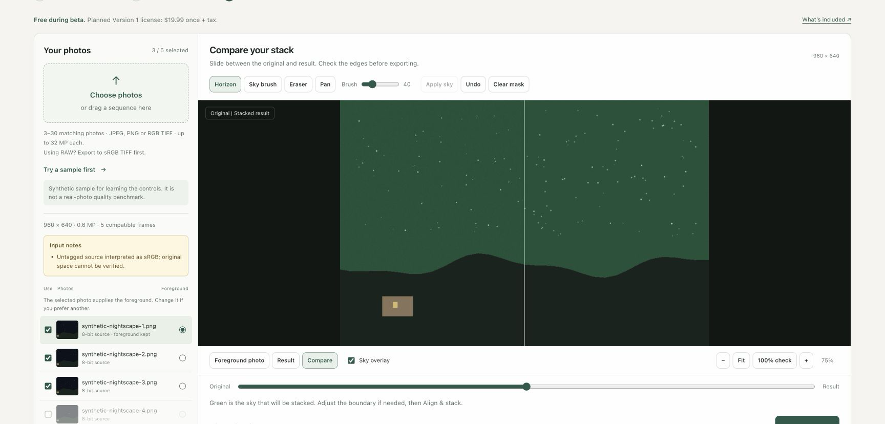 Nightscape Stacker browser workspace showing a synthetic nightscape sample and its sky mask.